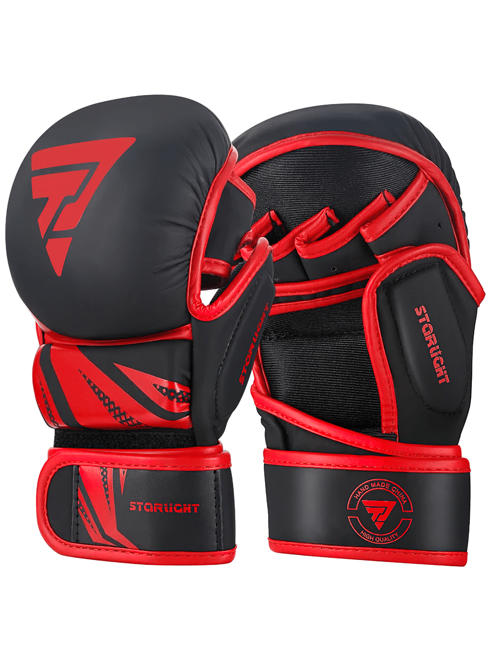 Pro MMA Training Gloves SF2691 with quad-dome padding, open-palm design, in black and red, ideal for boxing and kickboxing.